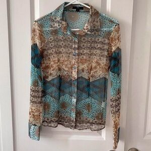 Y2K Sheer Blue Floral Blouse (S)